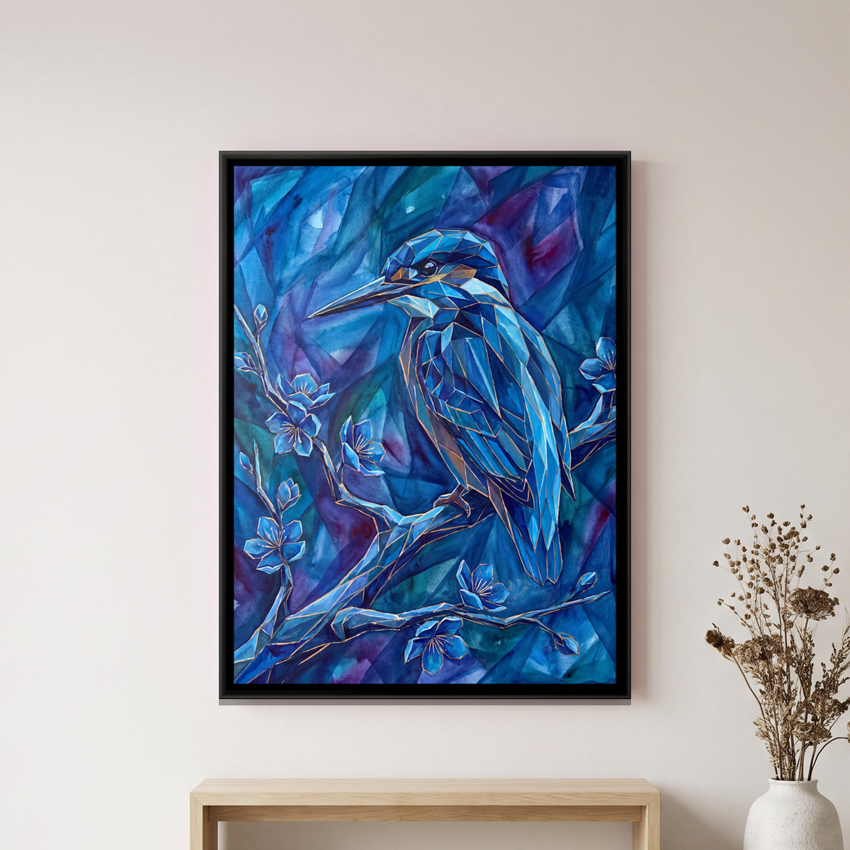 Kingfisher — framed canvas art hung on a wall