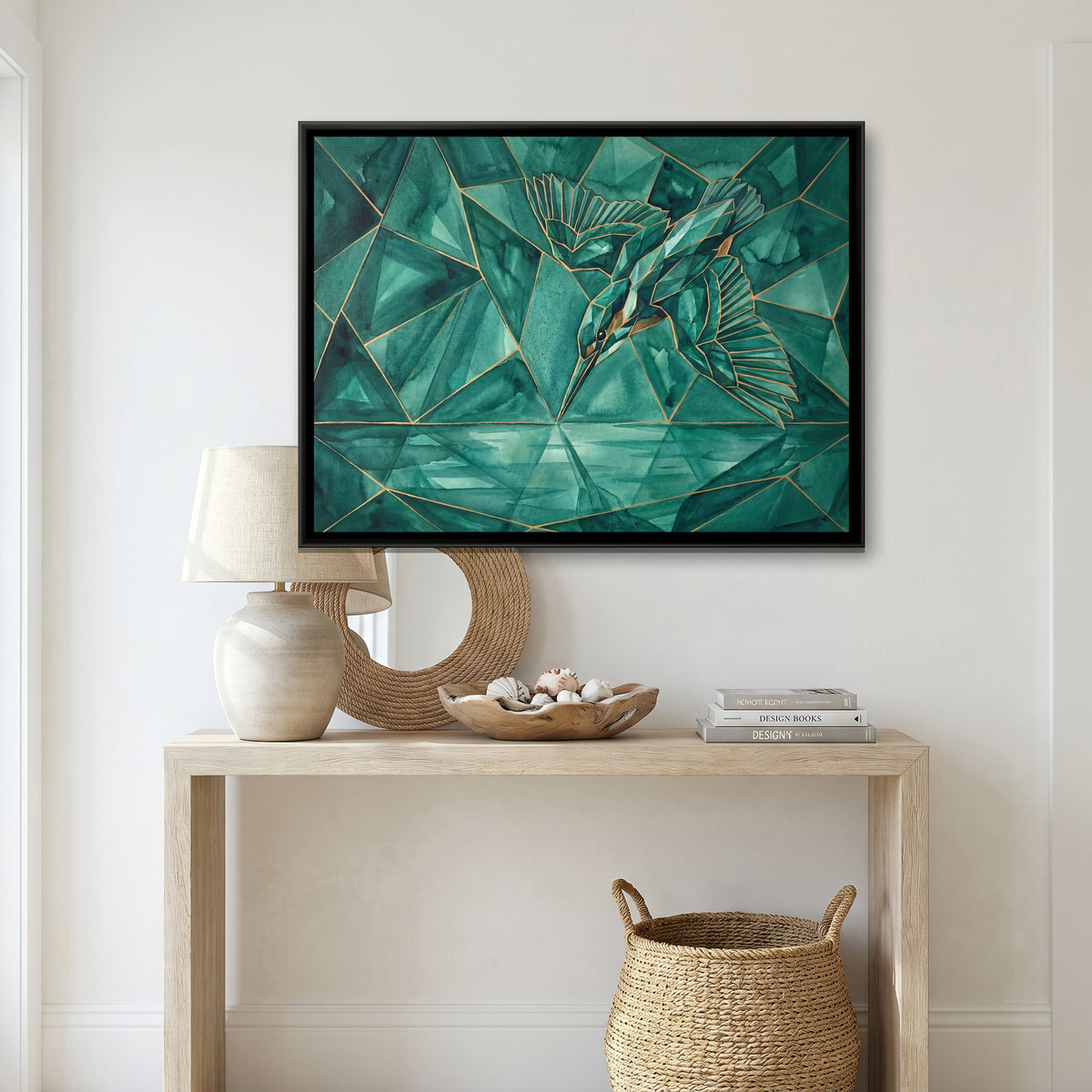 Diving Kingfisher — canvas art shown in a styled room