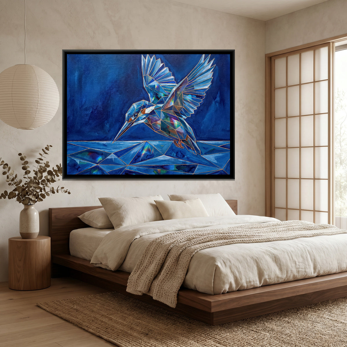 Diving Kingfisher — canvas art shown in a styled room