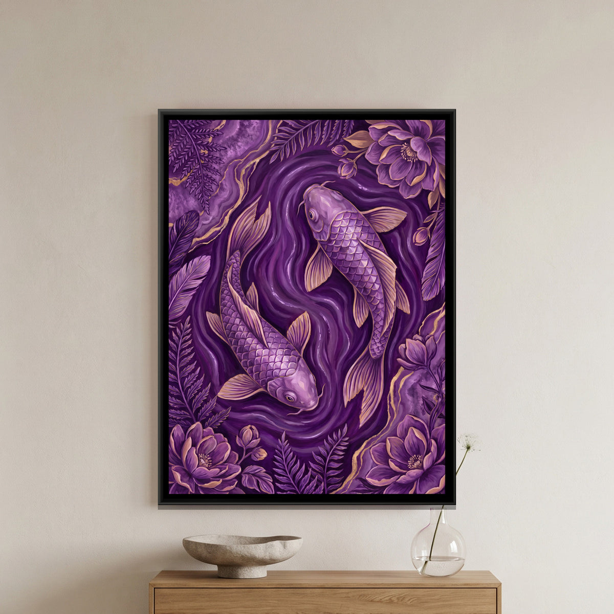 Koi Fish Pair — framed canvas art hung on a wall