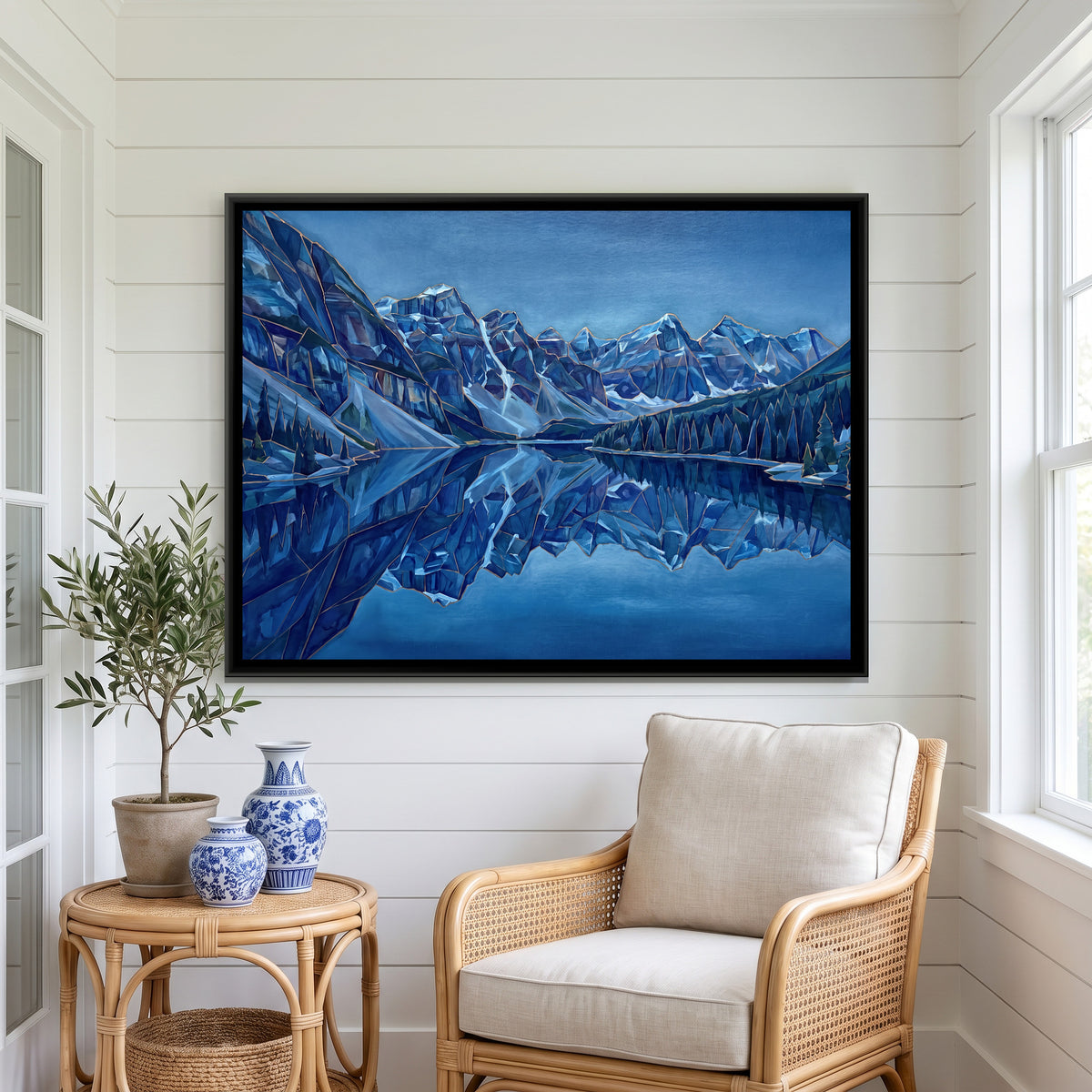 Mountain Lake Reflection — canvas art shown in a second room setting