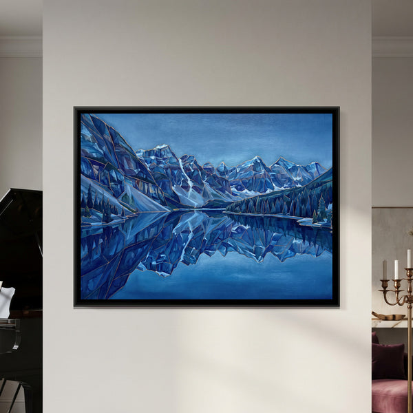 Mountain Lake Reflection — framed canvas art hung on a wall