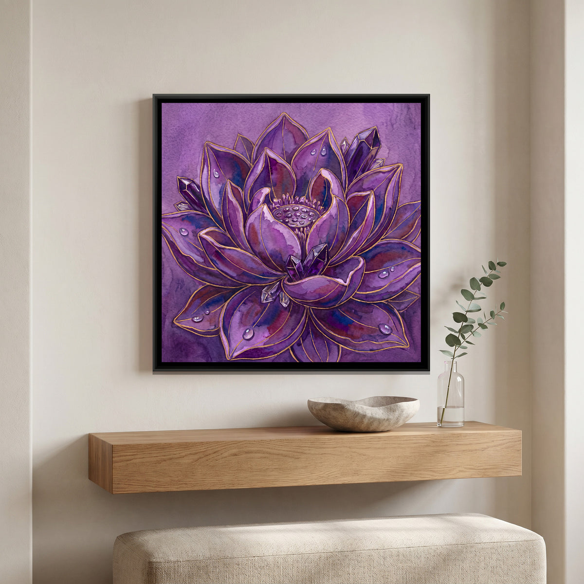 Lotus — canvas art shown in a styled room