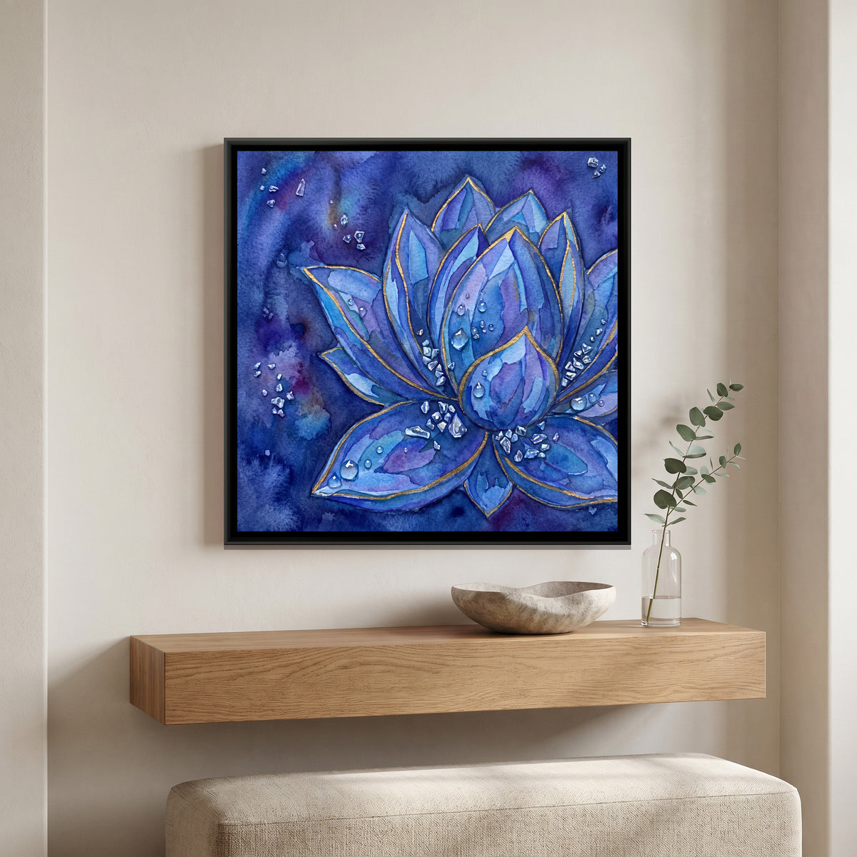 Lotus — canvas art shown in a styled room