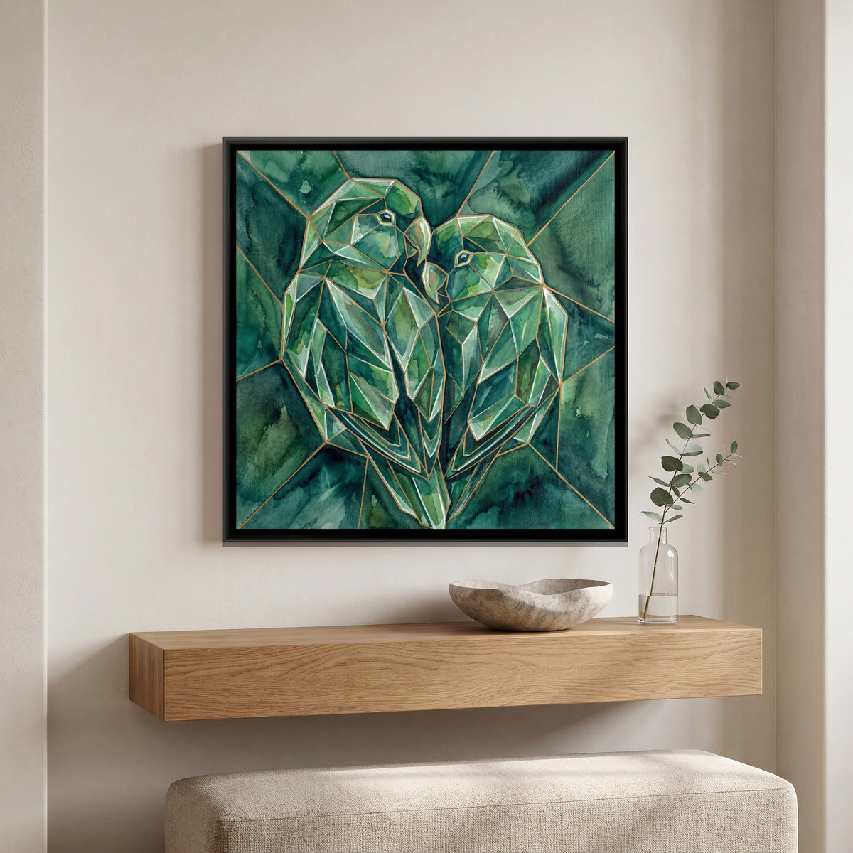 Lovebirds — canvas art shown in a styled room
