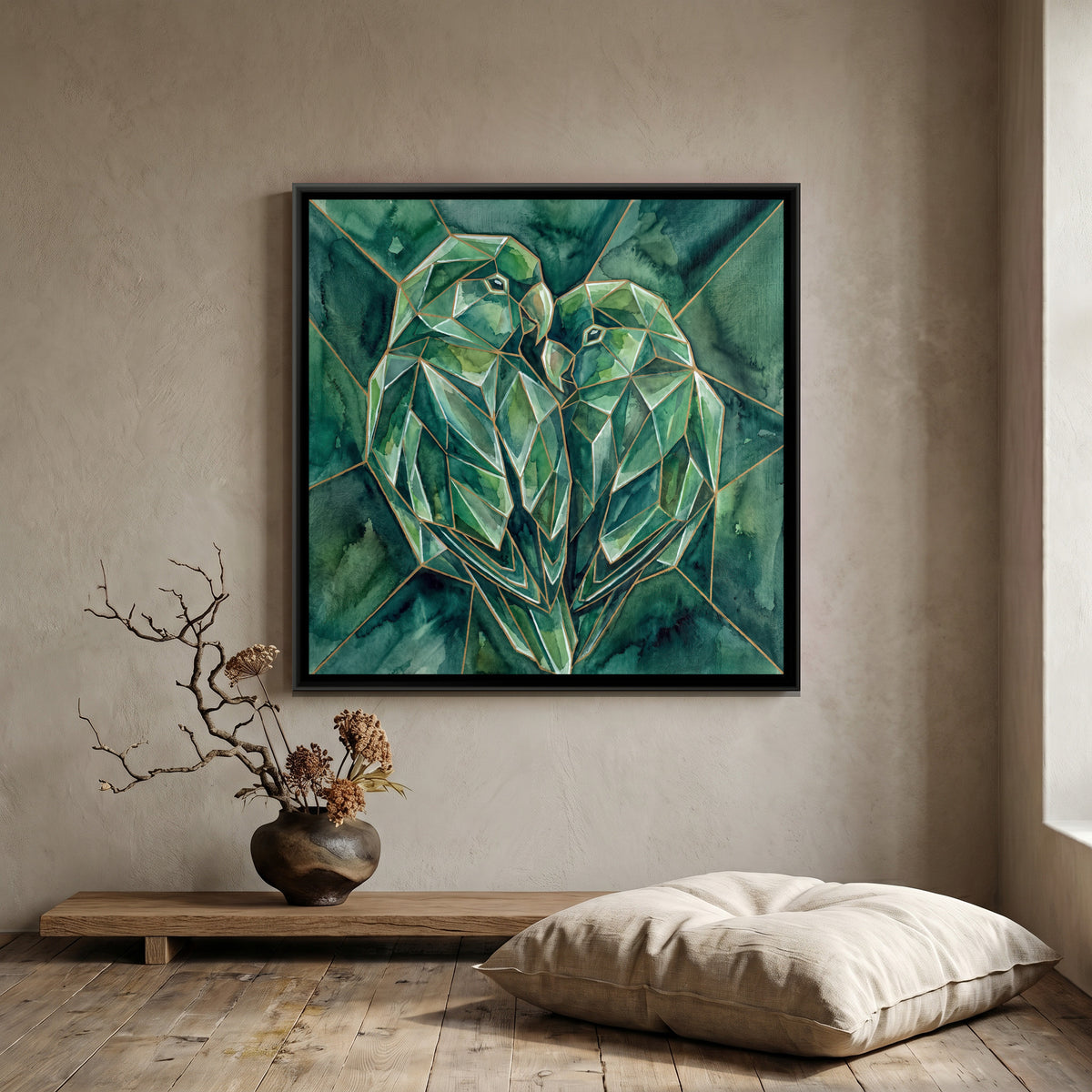 Lovebirds — canvas art shown in a second room setting