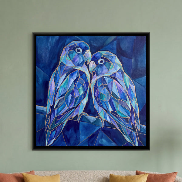 Lovebirds — framed canvas art hung on a wall