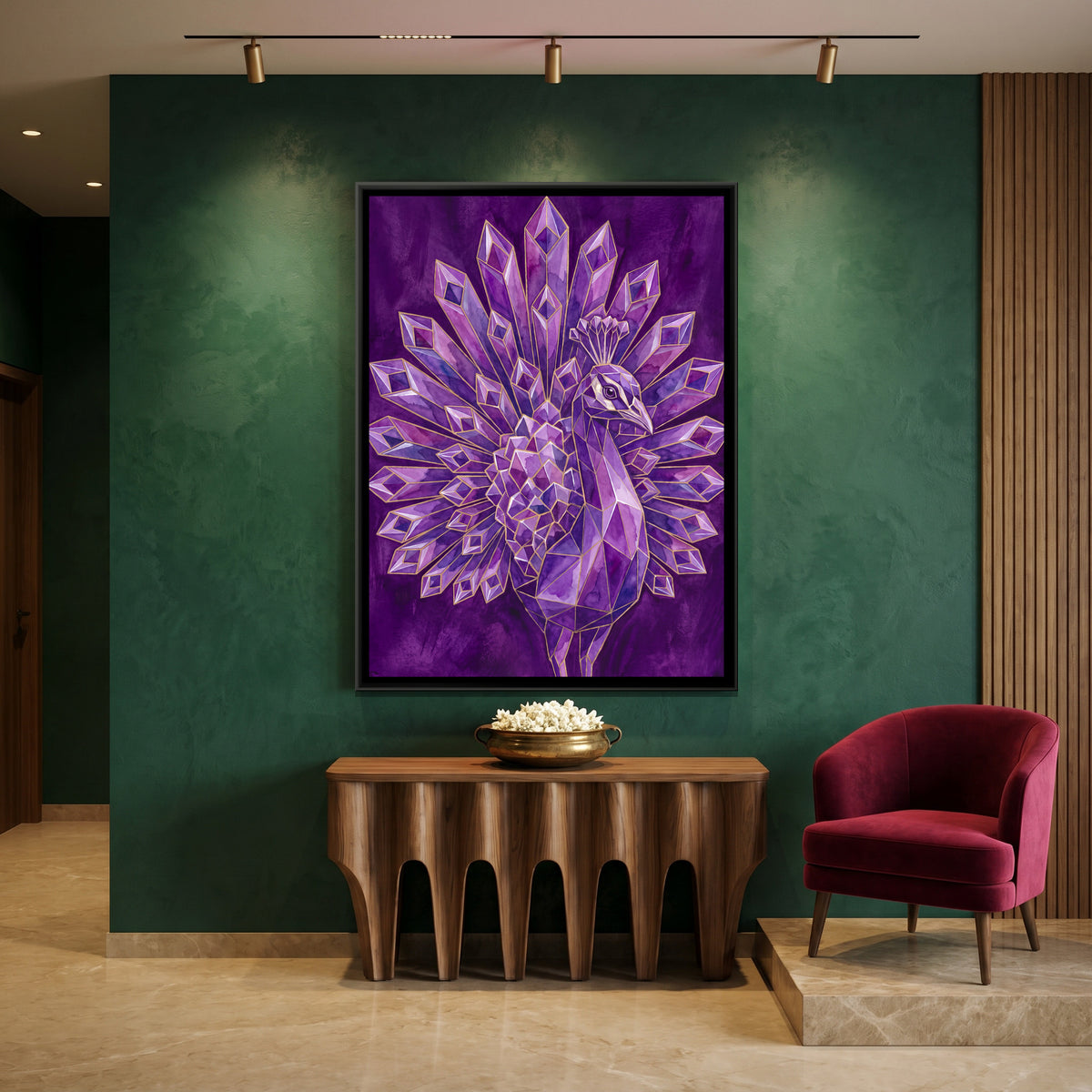 Peacock — canvas art shown in a second room setting