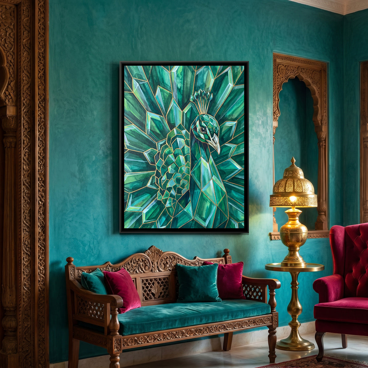 Peacock — canvas art shown in a second room setting