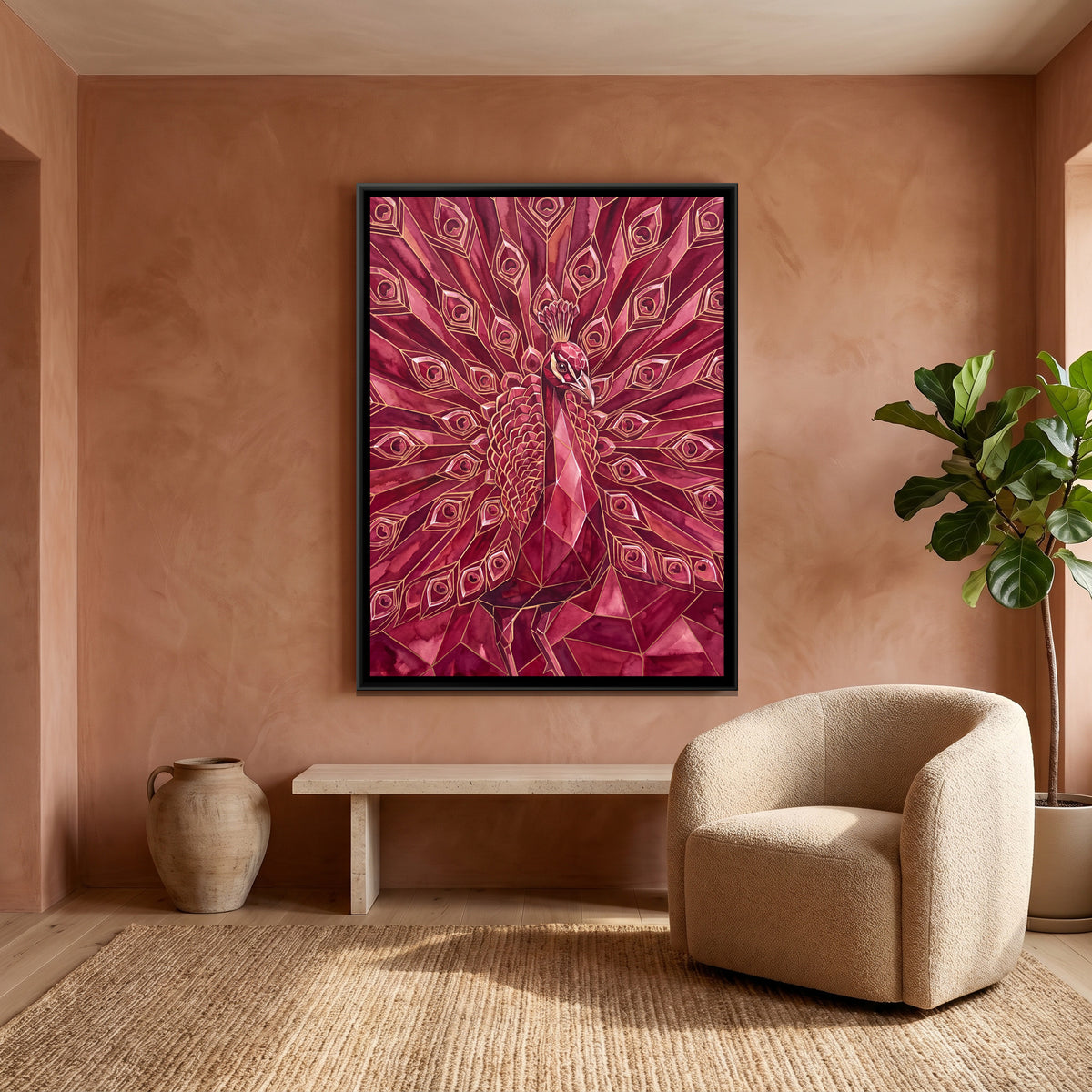 Peacock — canvas art shown in a second room setting