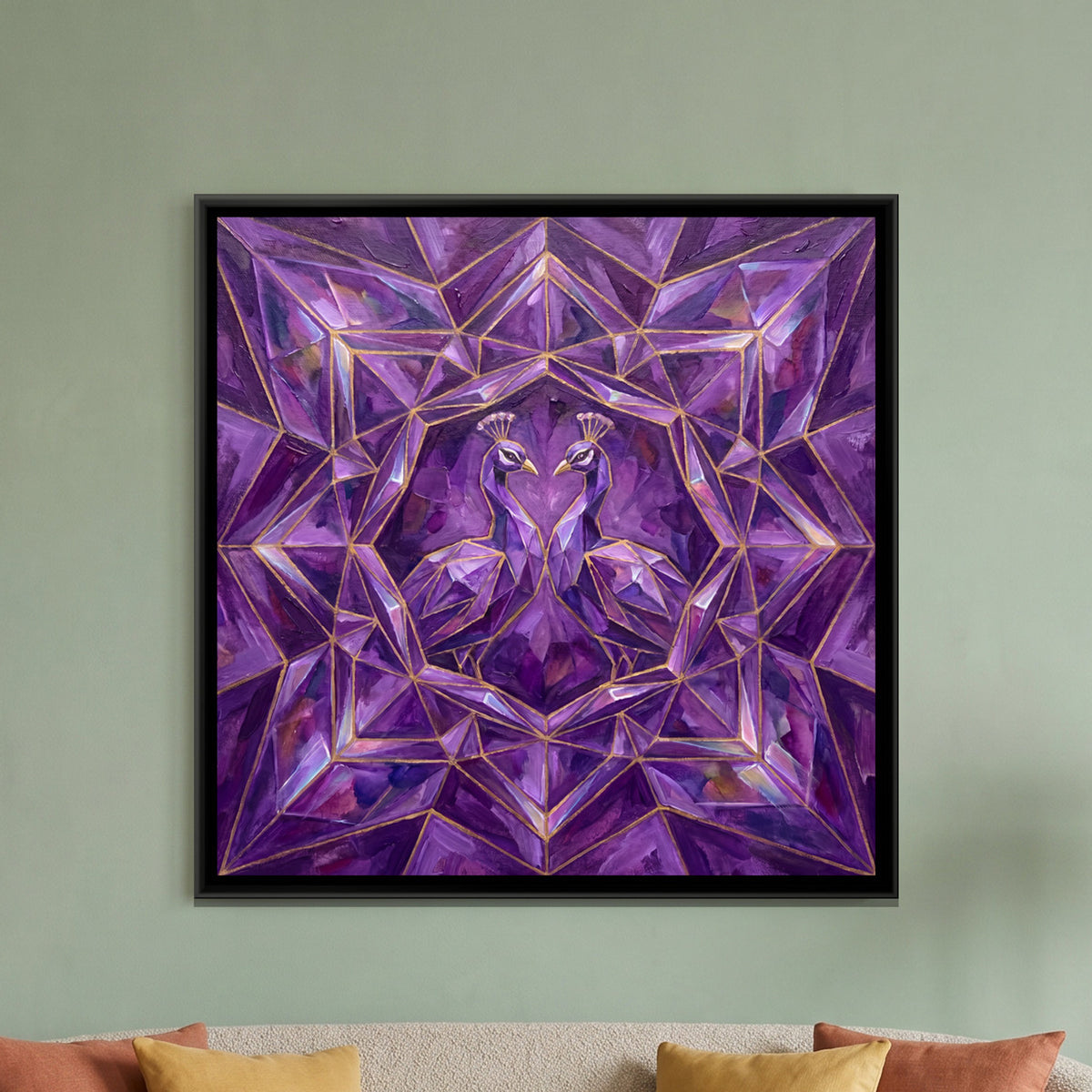 Peacock Pair — framed canvas art hung on a wall