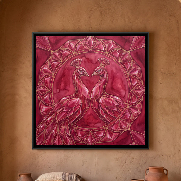 Peacock Pair — framed canvas art hung on a wall