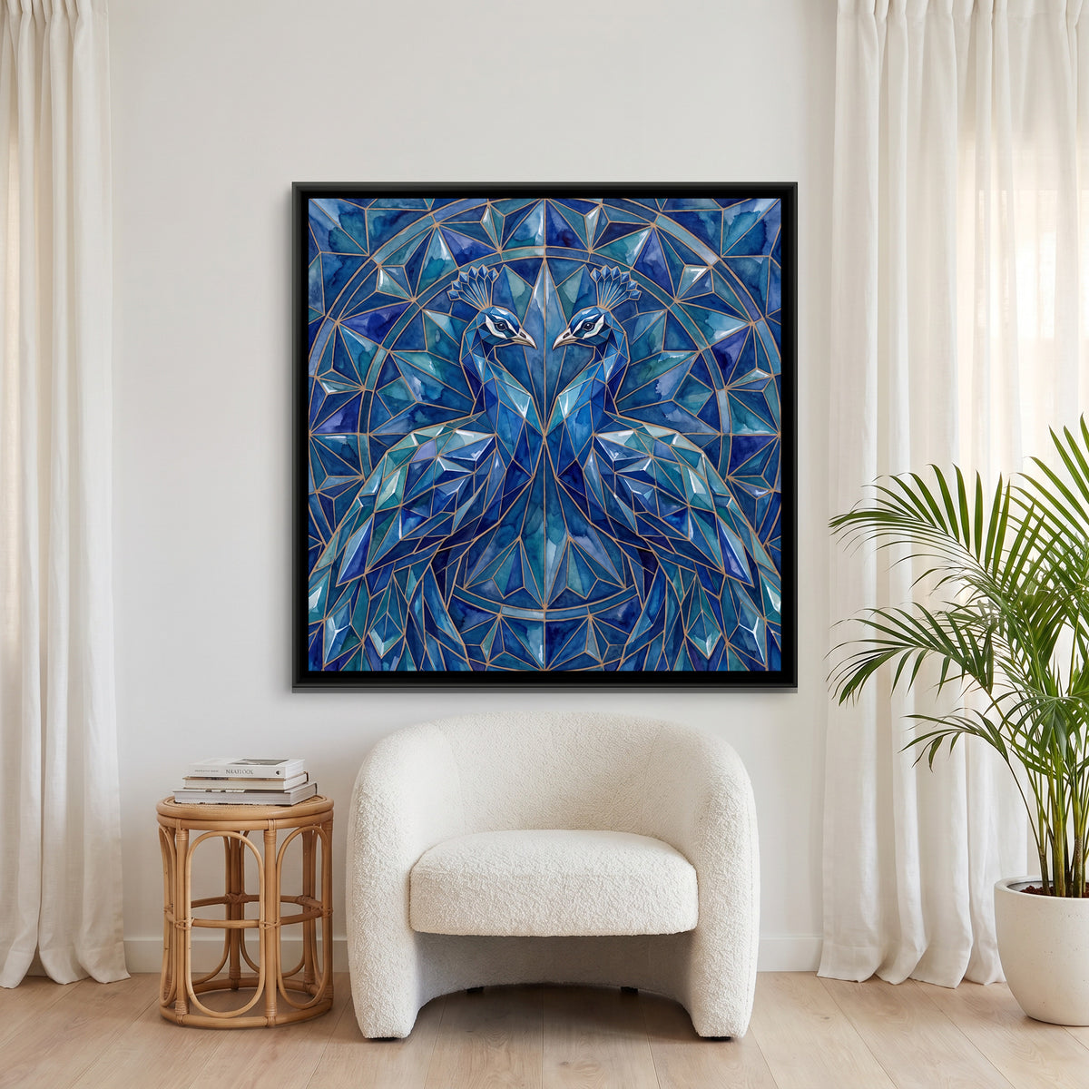 Peacock Pair — canvas art shown in a second room setting