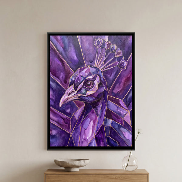 Peacock Portrait — framed canvas art hung on a wall