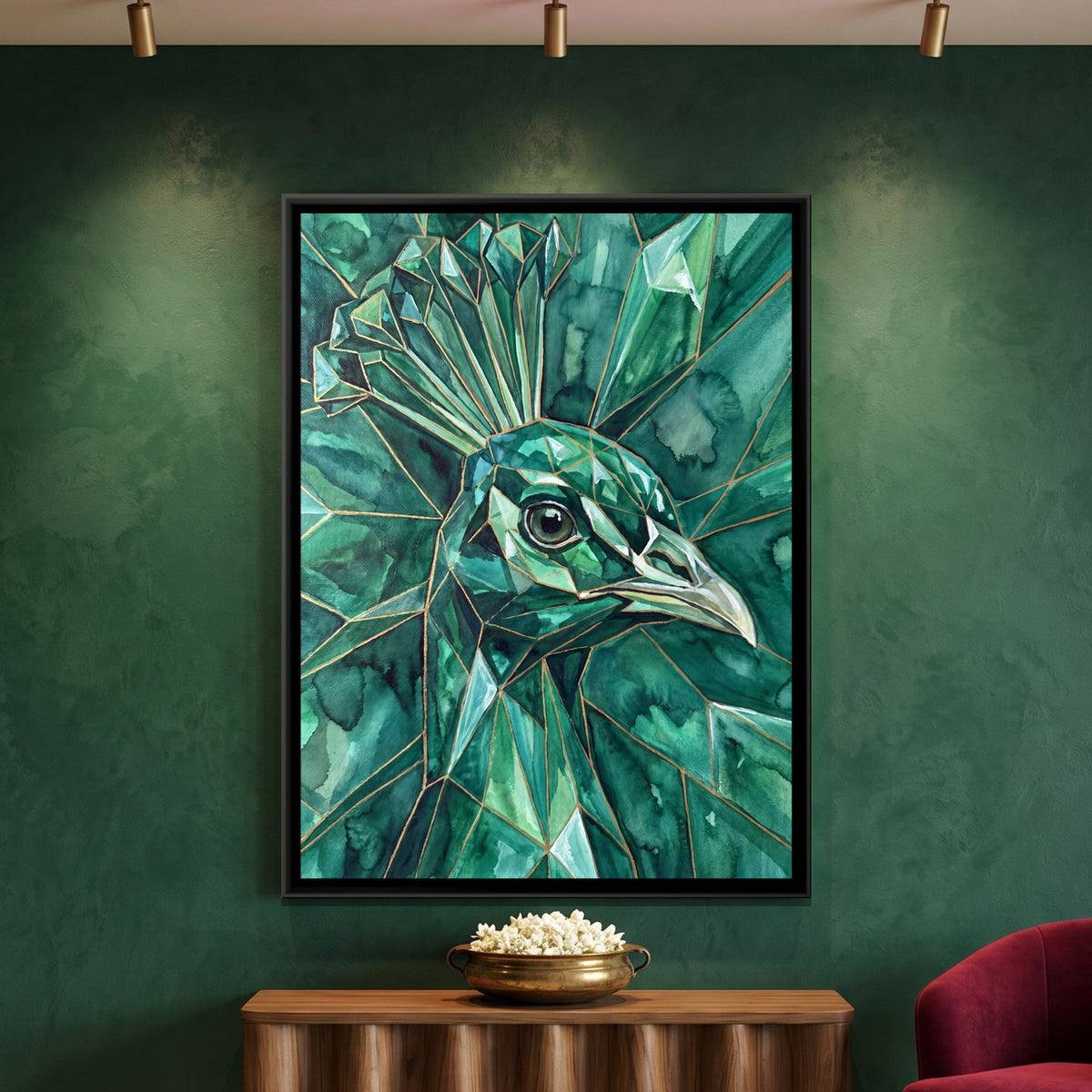 Peacock Portrait — framed canvas art hung on a wall