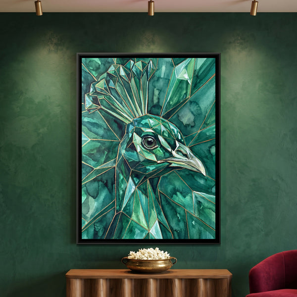 Peacock Portrait — framed canvas art hung on a wall