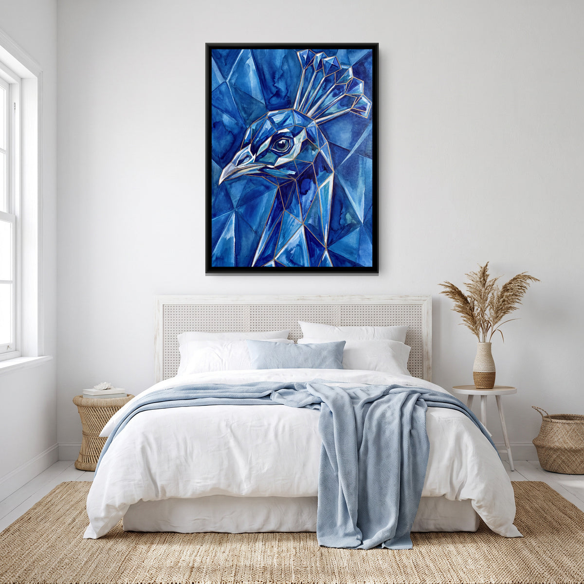 Peacock Portrait — canvas art shown in a styled room