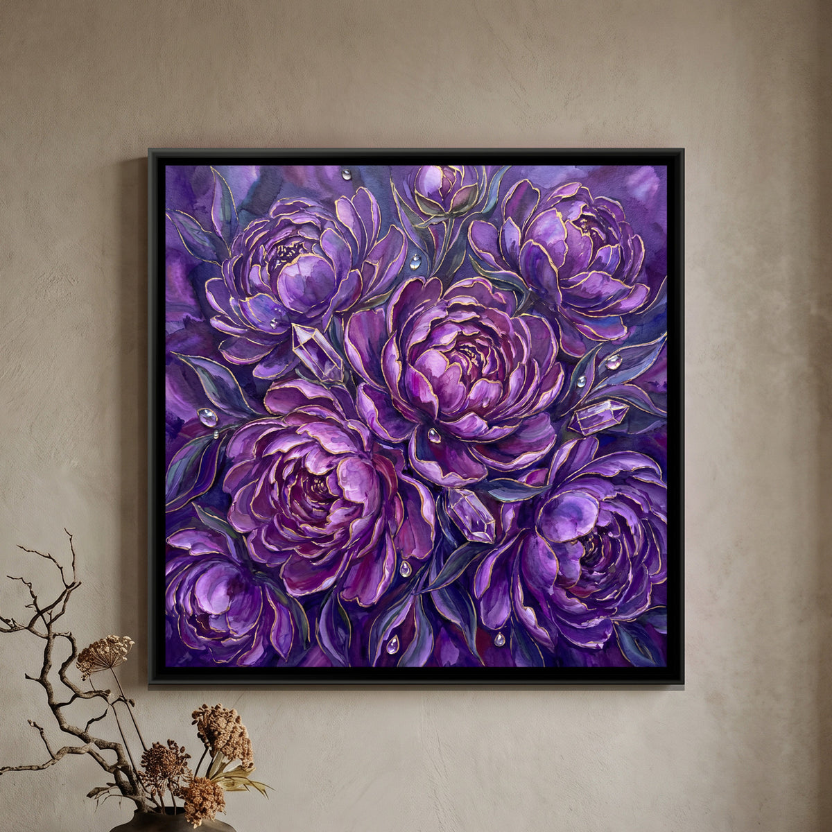 Peonies — framed canvas art hung on a wall