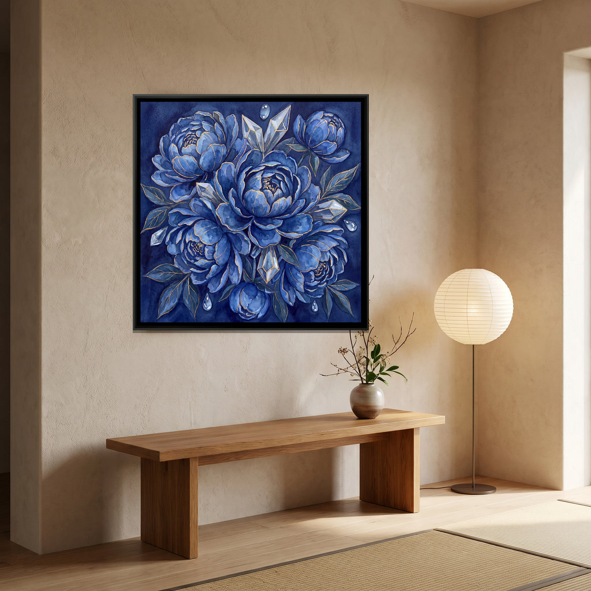 Peonies — canvas art shown in a styled room