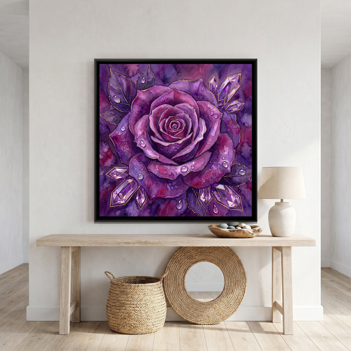 Rose — canvas art shown in a styled room