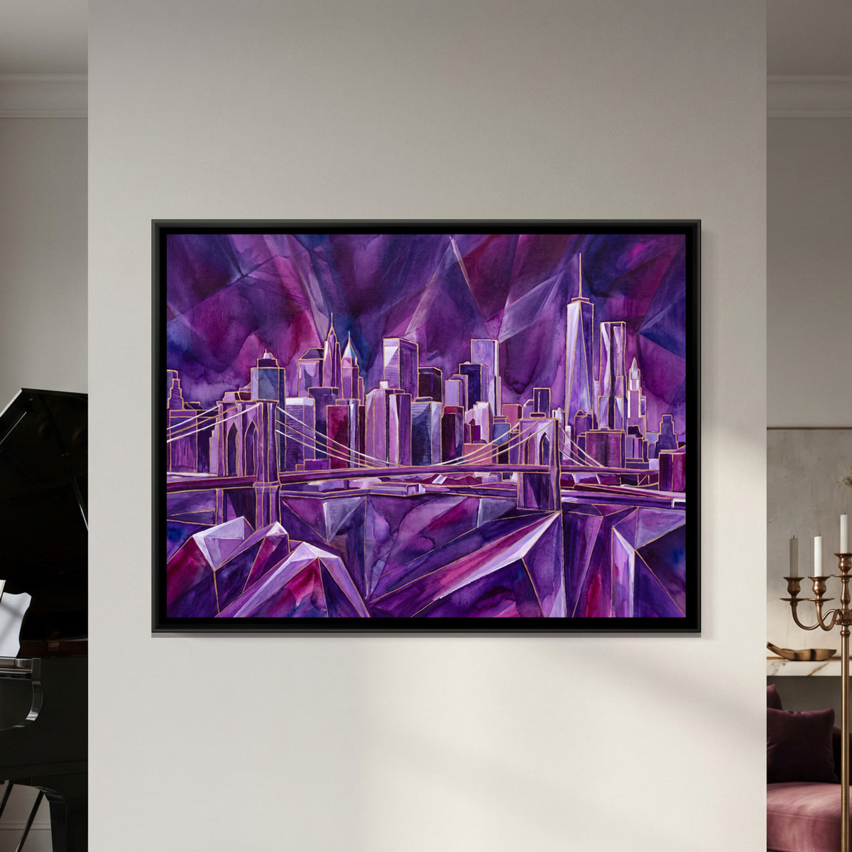 Abstract City Skyline — framed canvas art hung on a wall