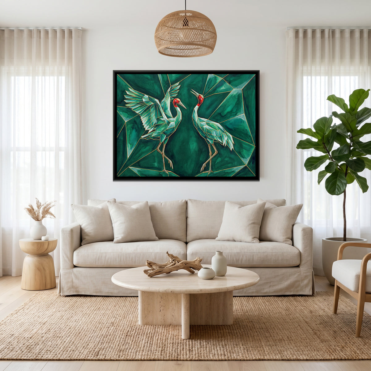 Sarus Cranes — canvas art shown in a second room setting