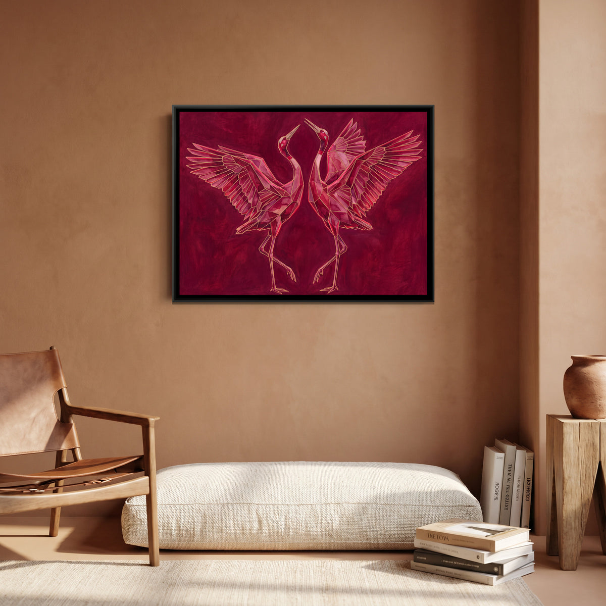 Sarus Cranes — canvas art shown in a second room setting