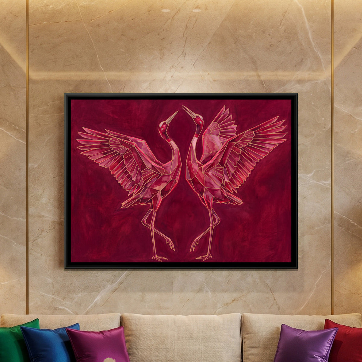 Sarus Cranes — framed canvas art hung on a wall