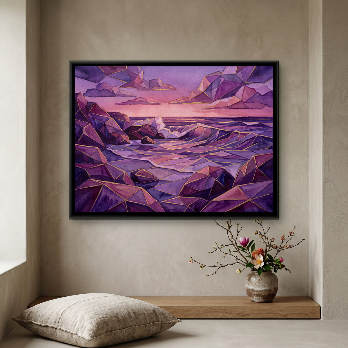 Ocean Sunset — canvas art shown in a second room setting
