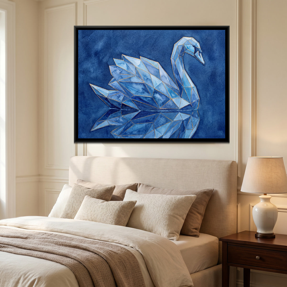 Swan — canvas art shown in a styled room