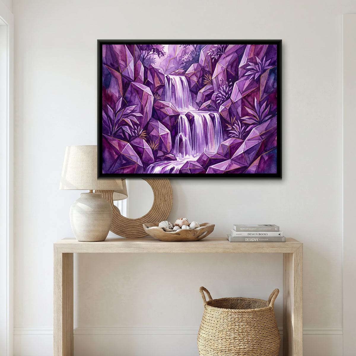 Waterfall — canvas art shown in a styled room