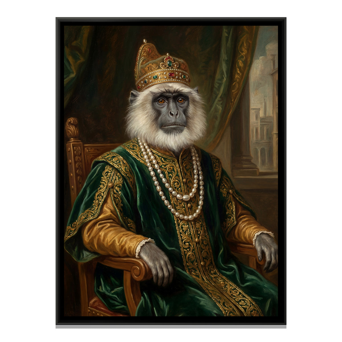 Royal Monkey Portrait — framed canvas print, front view