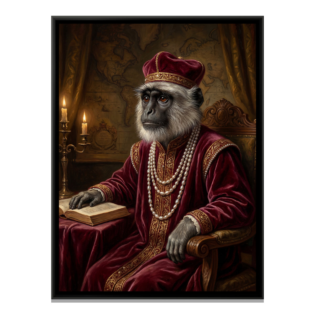 Royal Monkey Portrait — framed canvas print, front view