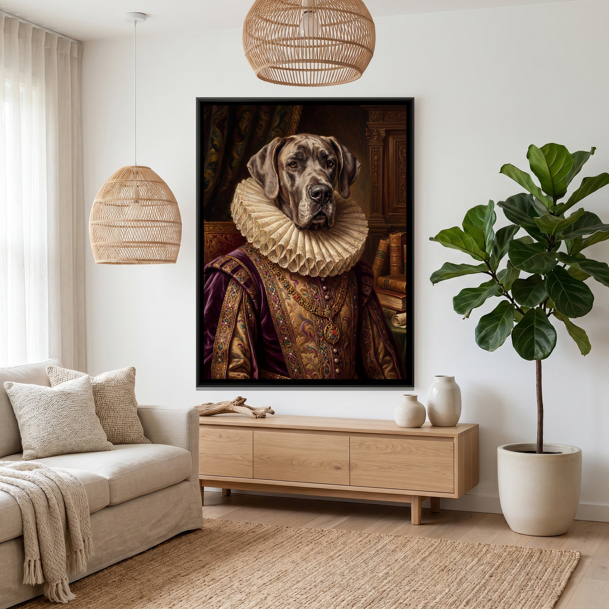 Renaissance Dog Portrait — canvas art shown in a second room setting