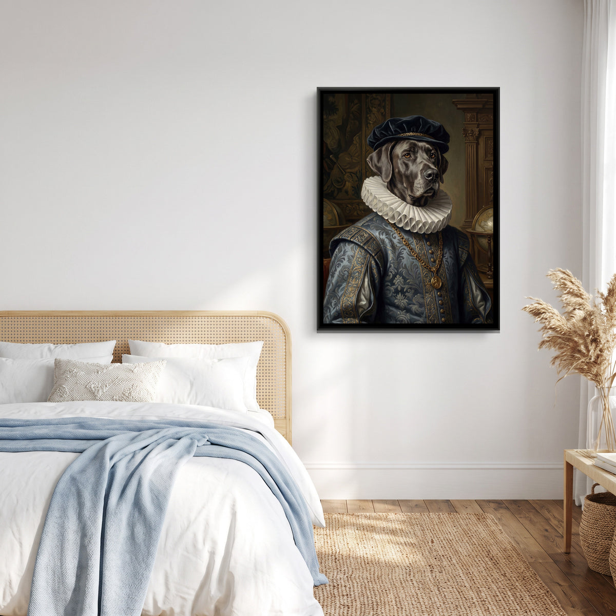 Renaissance Dog Portrait — canvas art shown in a styled room
