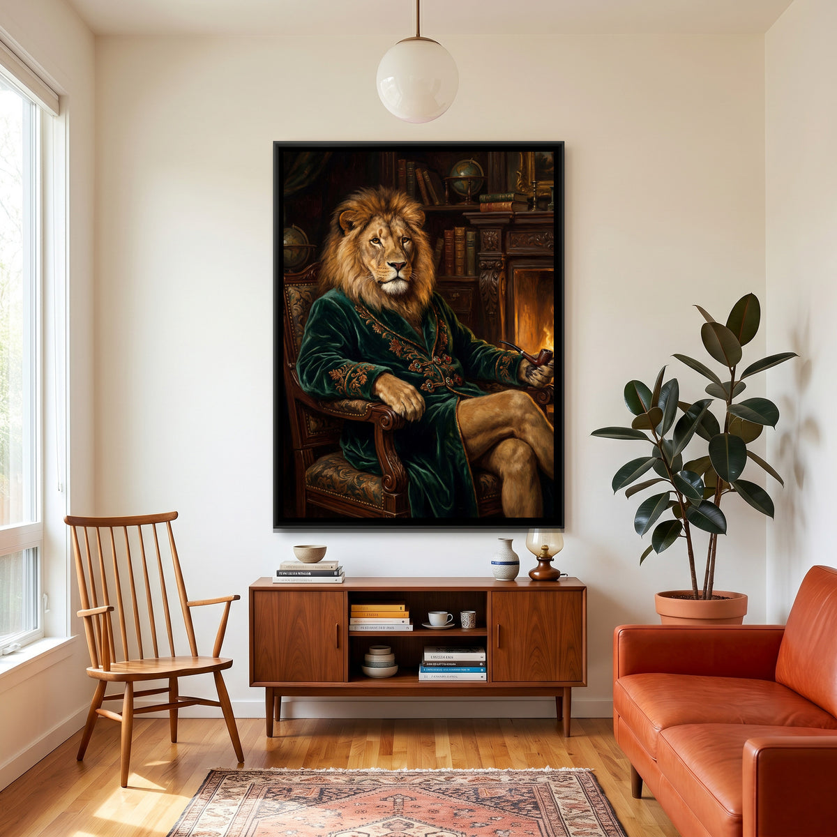 Lion Smoking a Pipe — canvas art shown in a styled room