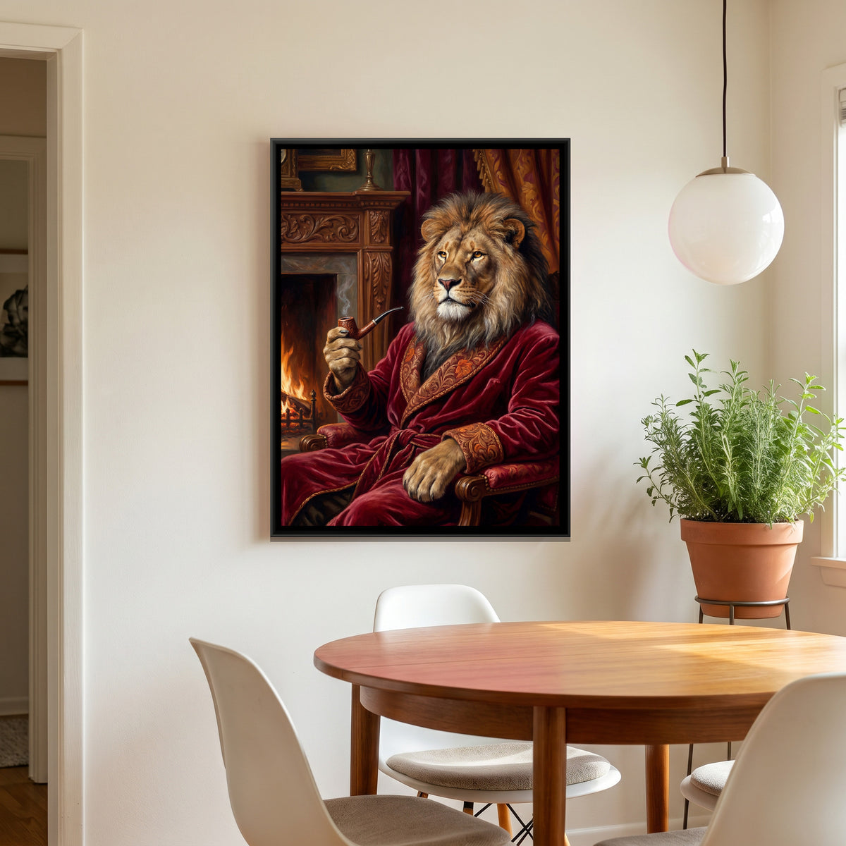 Lion Smoking a Pipe — canvas art shown in a second room setting