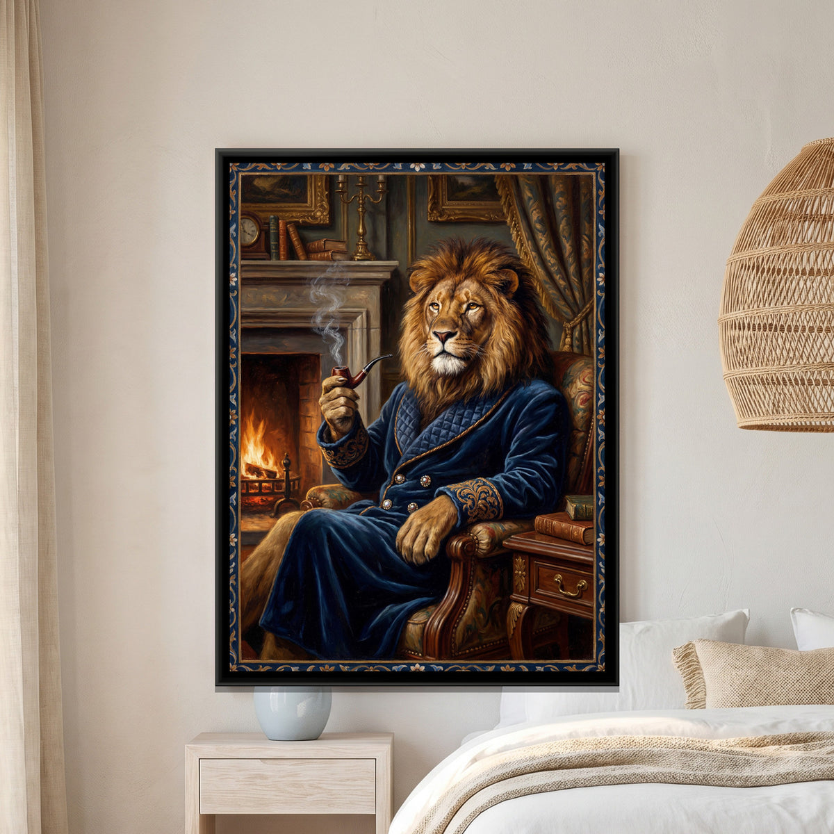 Lion Smoking a Pipe — framed canvas art hung on a wall