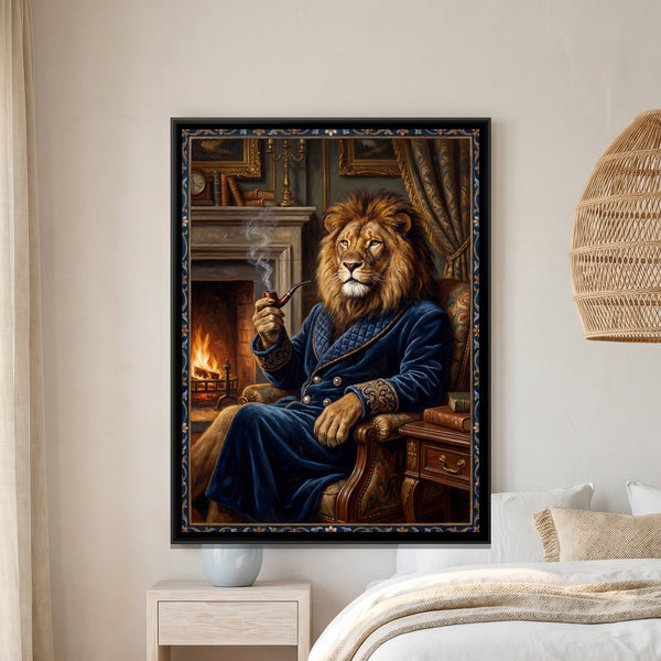 Lion Smoking a Pipe — framed canvas art hung on a wall