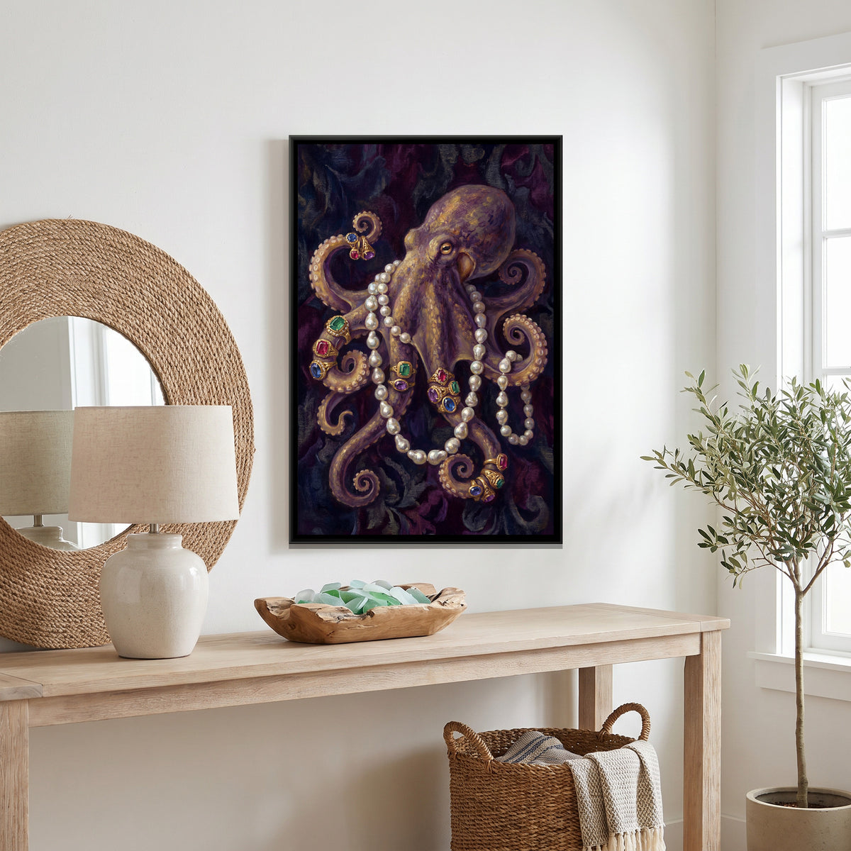 Octopus with Pearls — canvas art shown in a second room setting