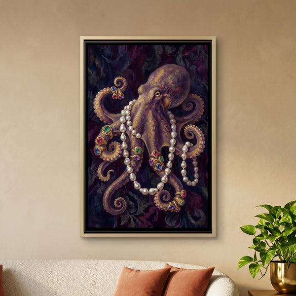 Octopus with Pearls — framed canvas art hung on a wall