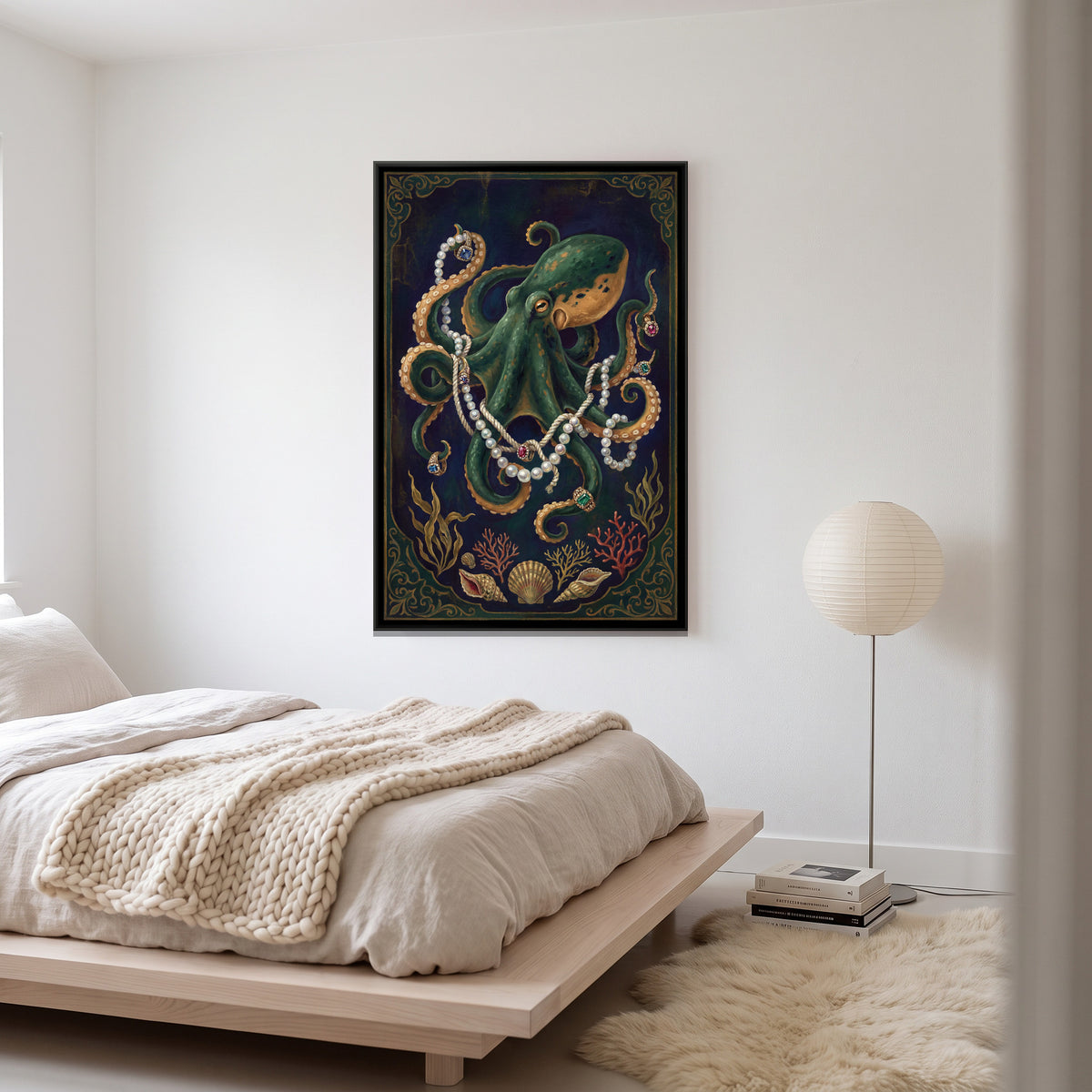 Octopus with Pearls — canvas art shown in a styled room