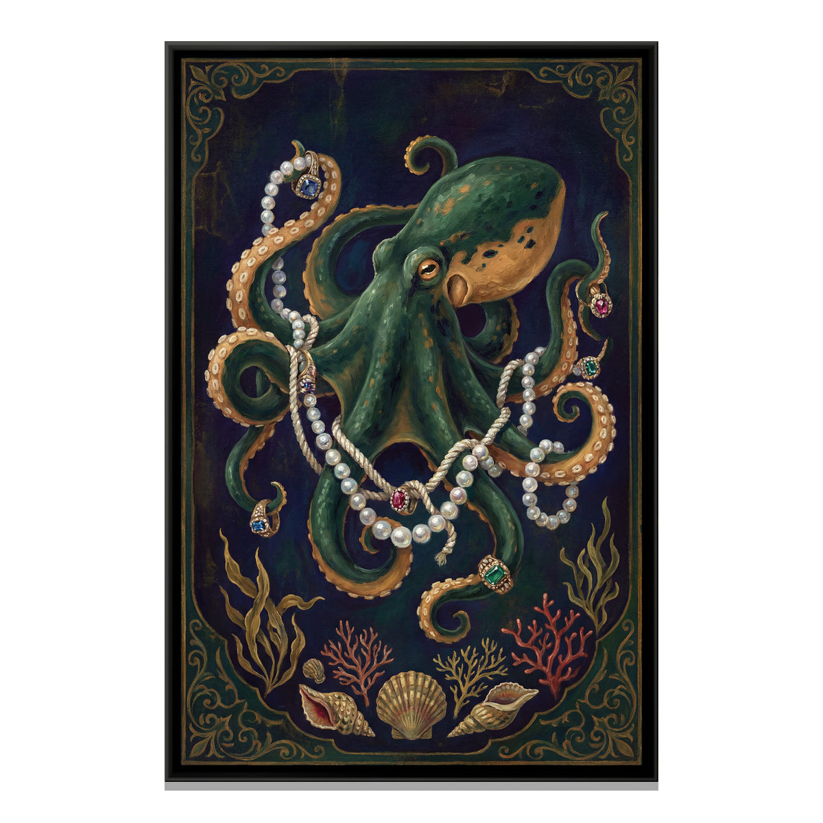 Octopus with Pearls — framed canvas print, front view