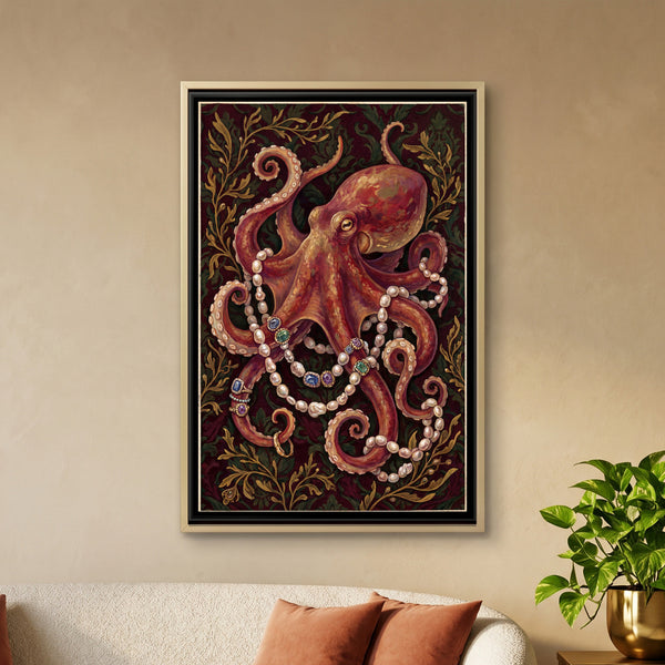 Octopus with Pearls — framed canvas art hung on a wall
