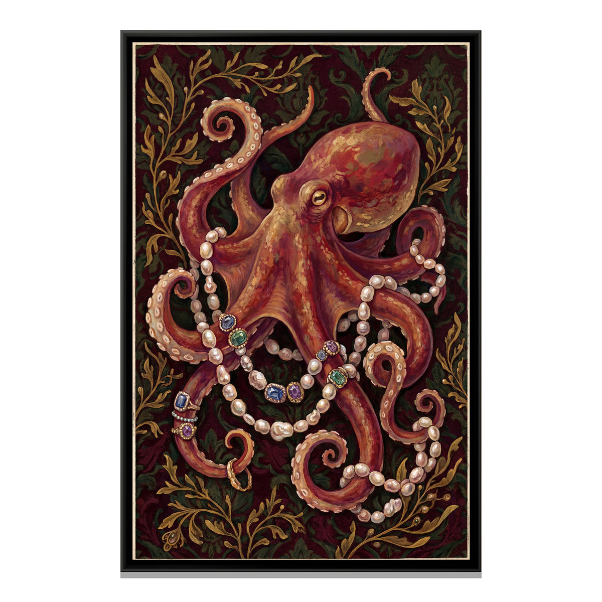 Octopus with Pearls — framed canvas print, front view