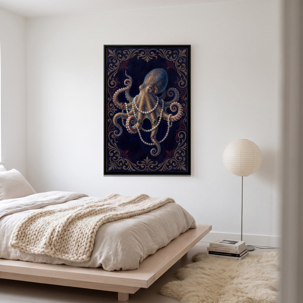 Octopus with Pearls — canvas art shown in a styled room