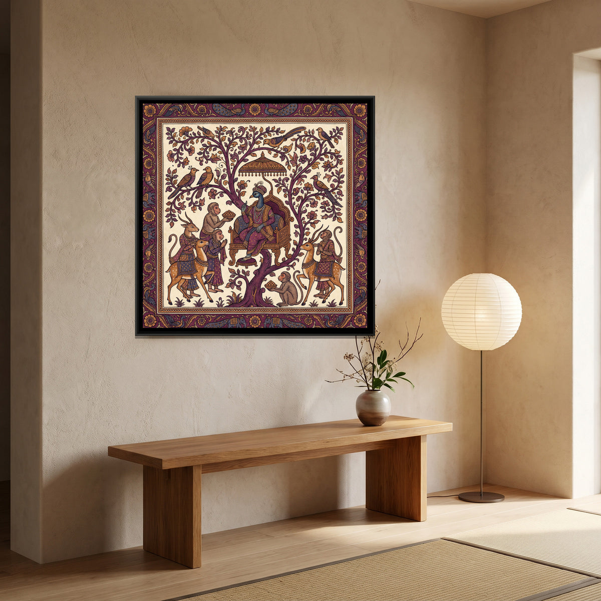 Kalamkari Peacock King — canvas art shown in a second room setting