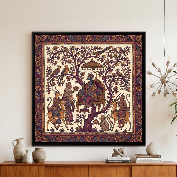 Kalamkari Peacock King — framed canvas art hung on a wall