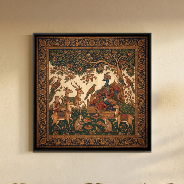 Kalamkari Peacock King — framed canvas art hung on a wall