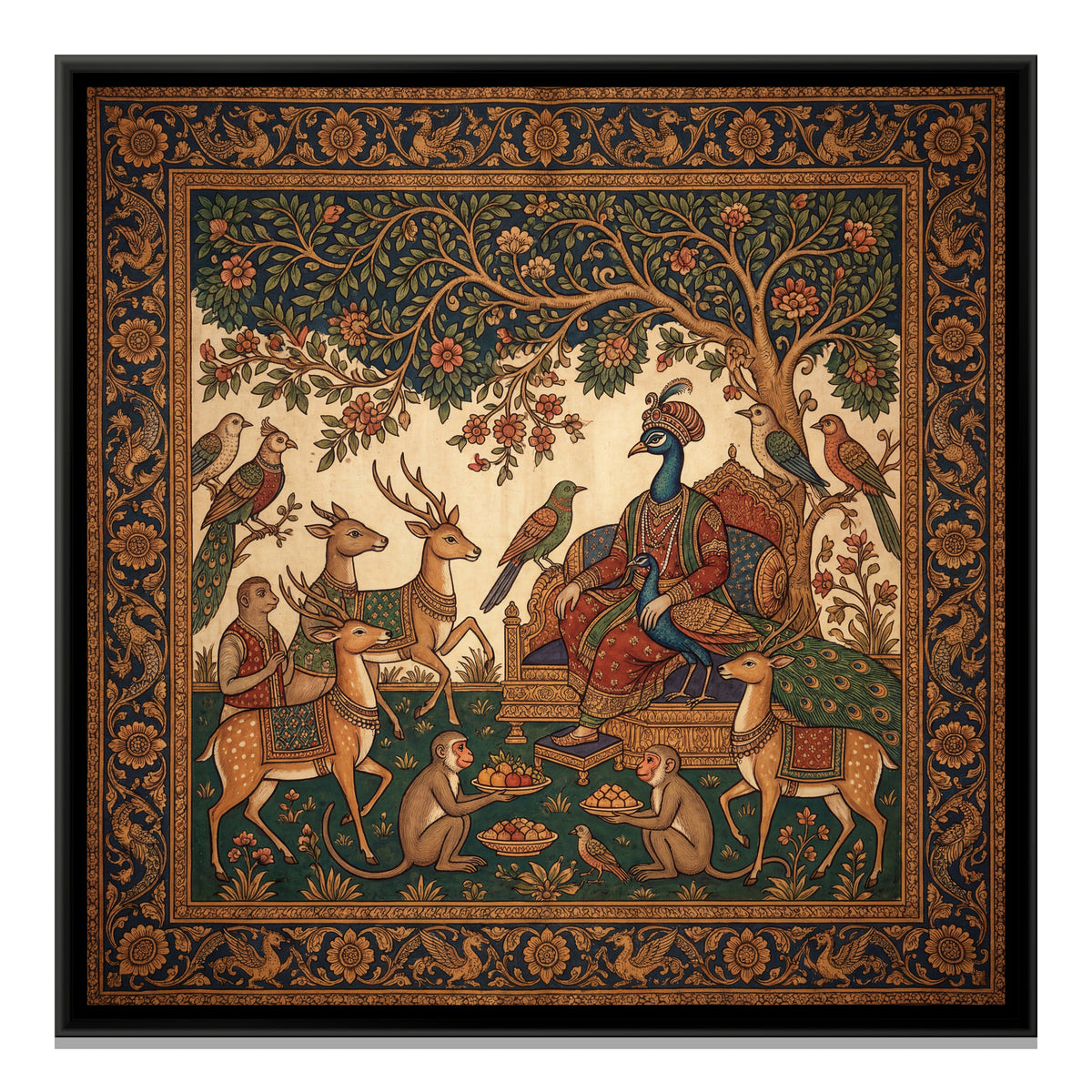 Kalamkari Peacock King — framed canvas print, front view